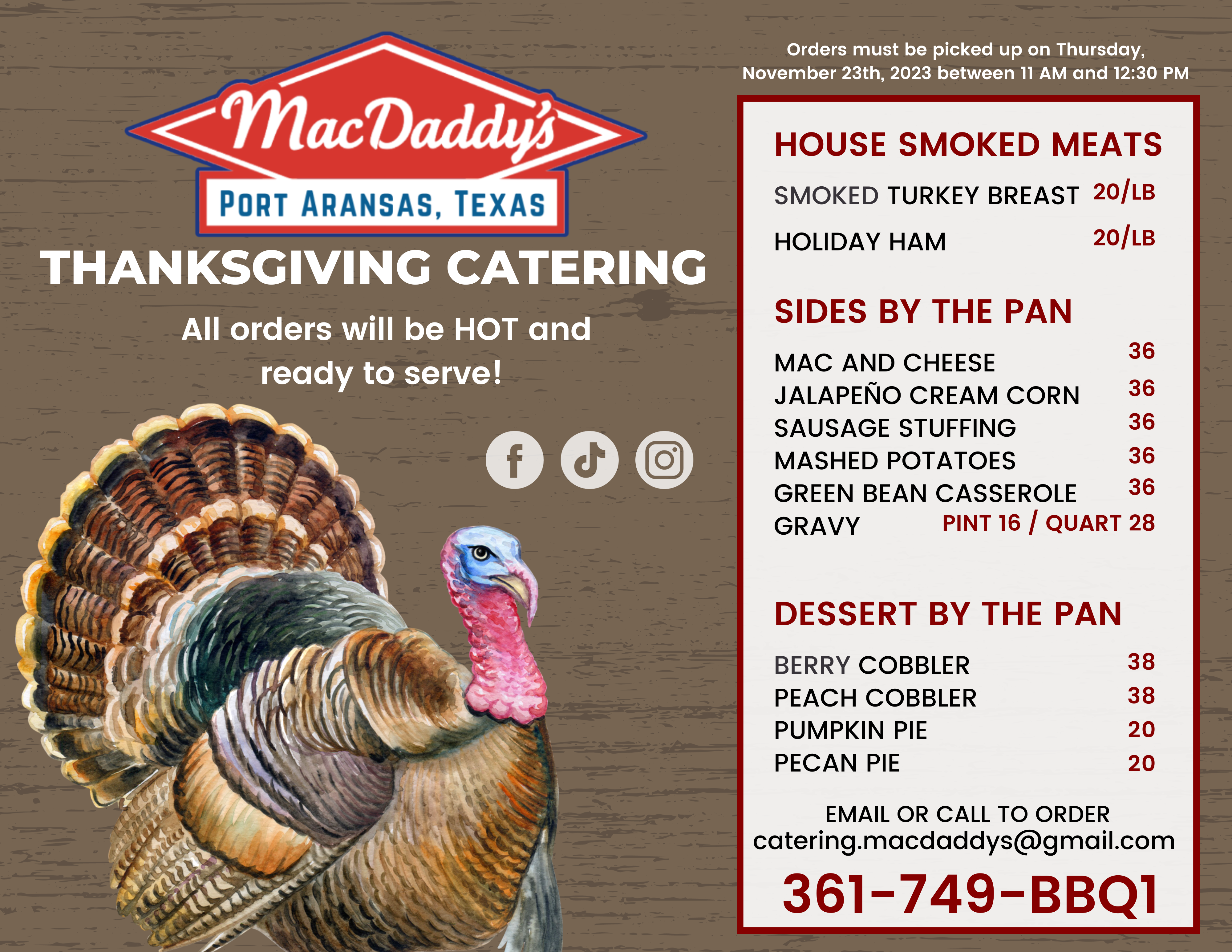 thanksgiving catering port aransas macdaddys hot and ready pickup